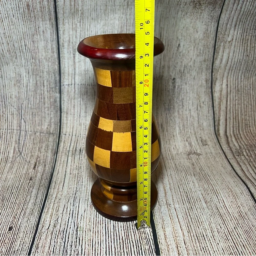 VTG Handcrafted Natural Wood Tones‎ Checkered Vase 9” Segmented Turned Wood Boho